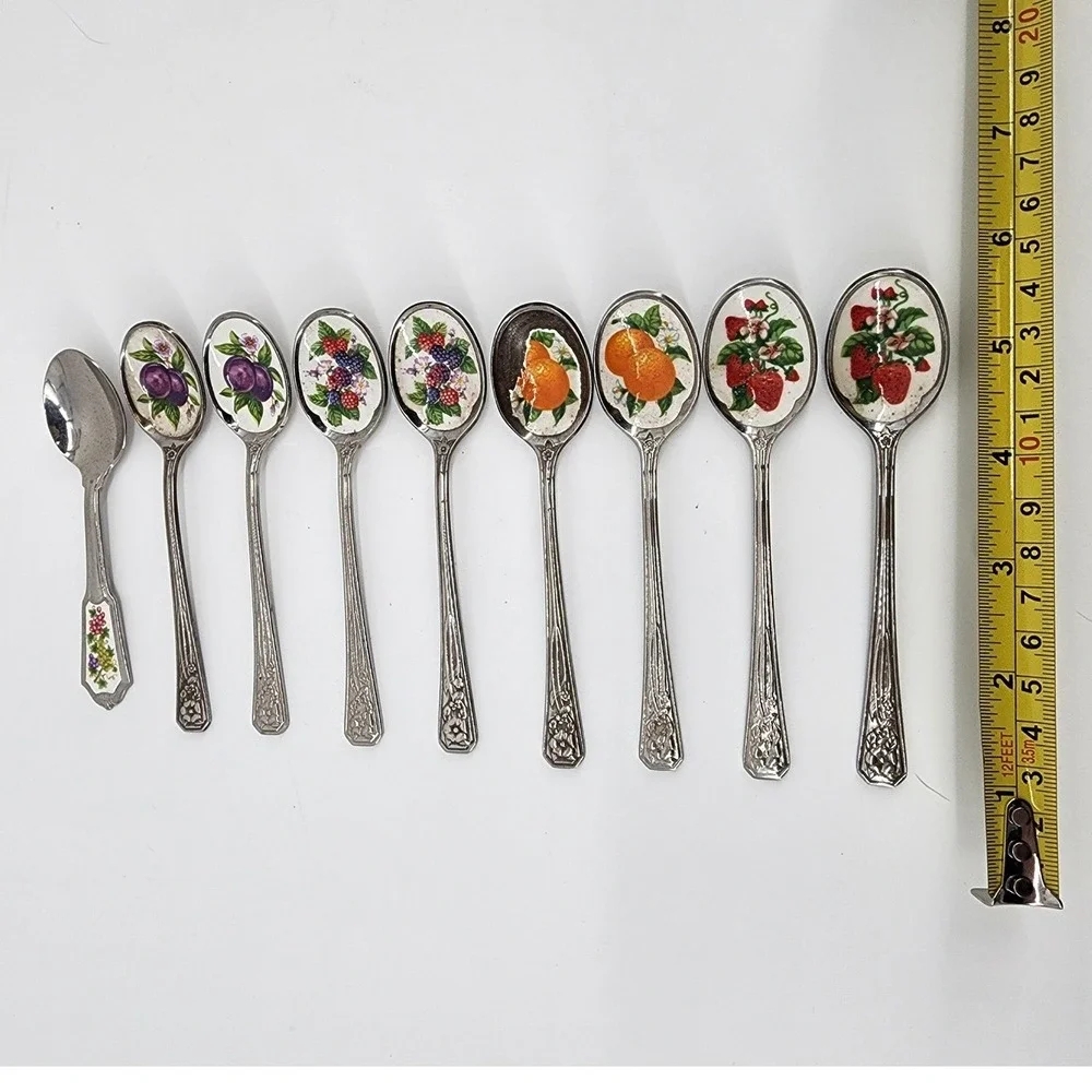 Vintage  Avon Fruit Motif Enamel Inlay Silver‎ Tone Tea Spoons Mixed Set of 9